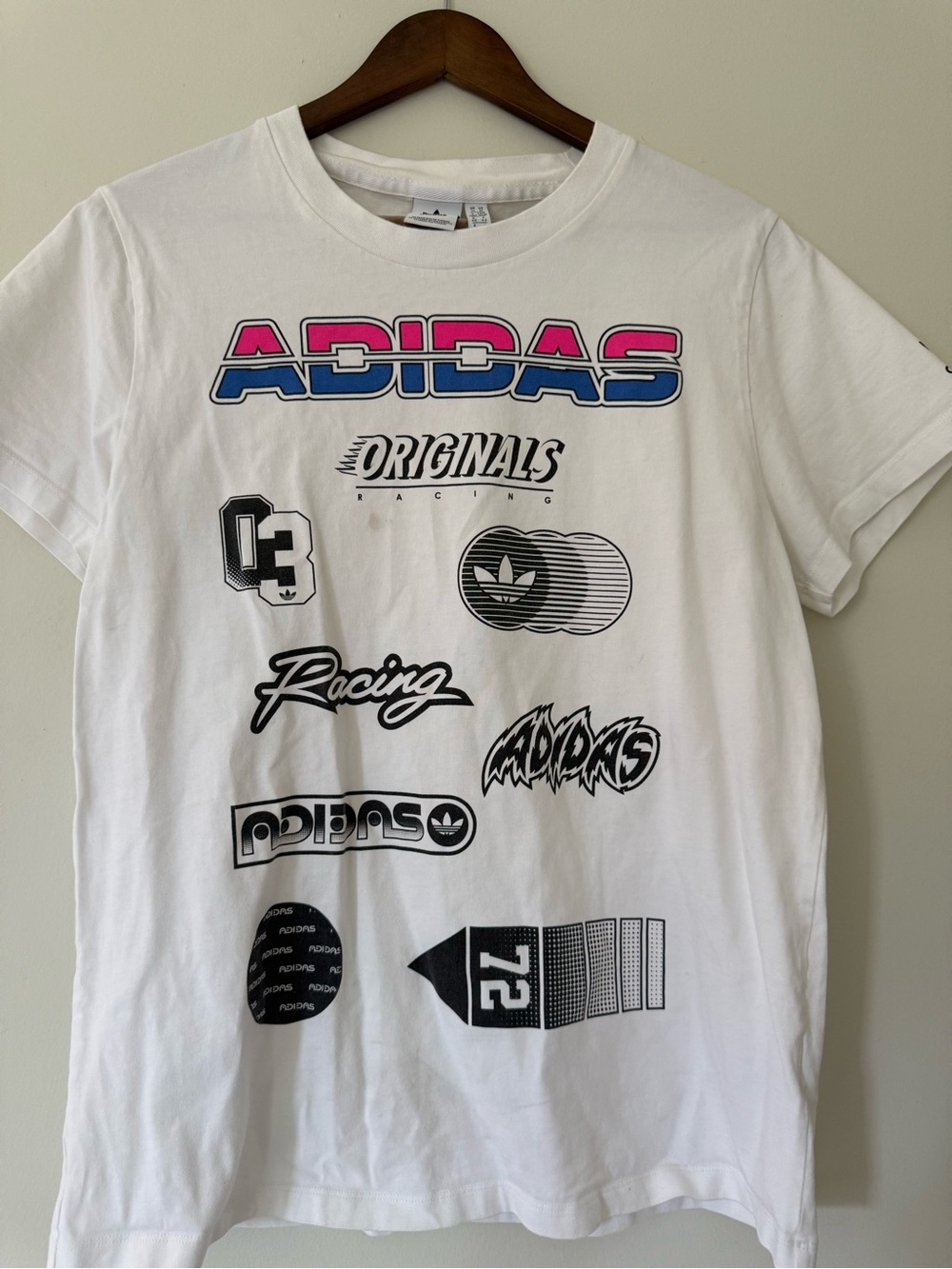 adidas Originals White Tee with Pink and Blue Logo Graphics